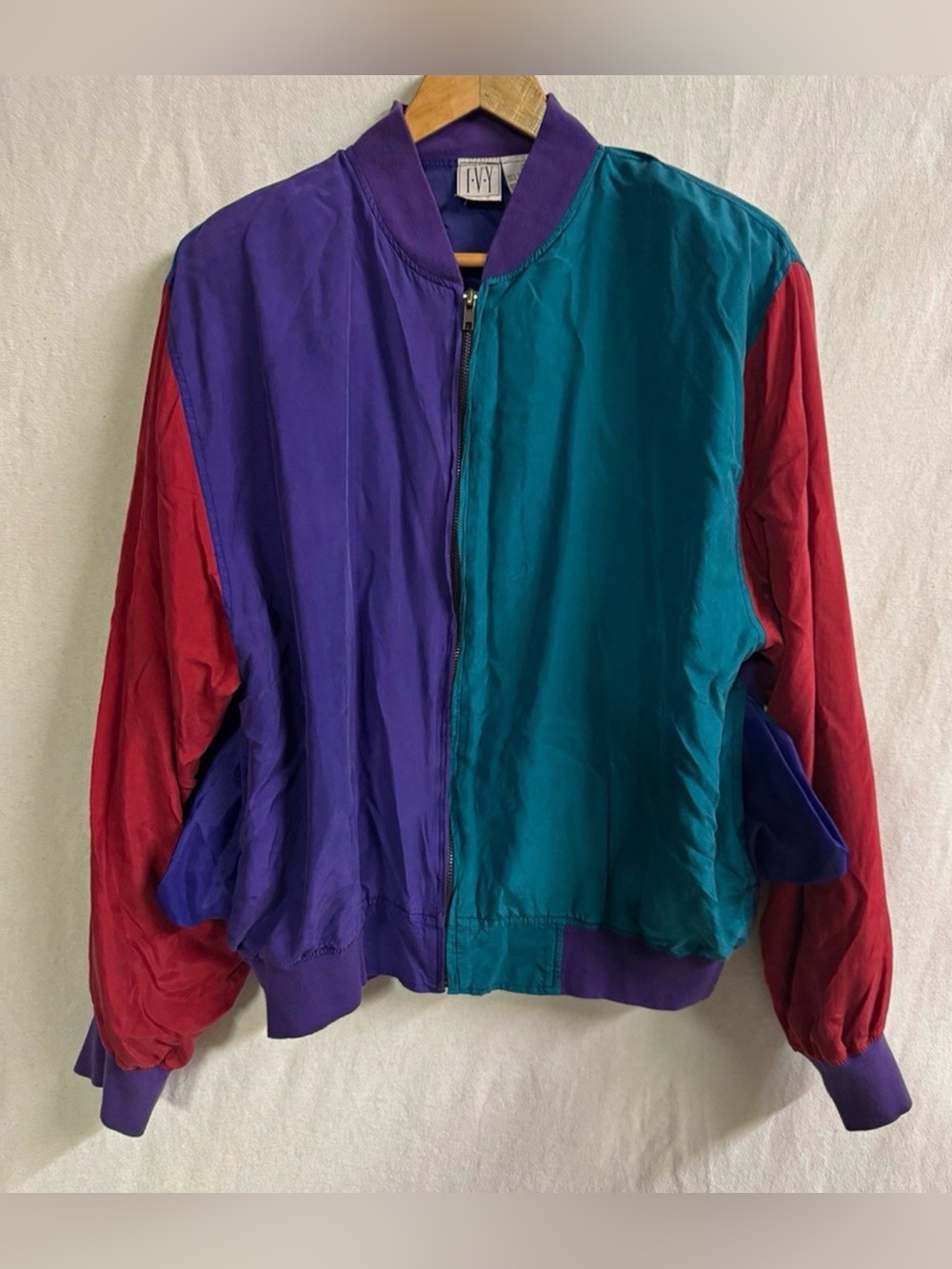 Vintage IVY Silk Colorblock Bomber Jacket Mens Large Purple Teal Red 90s I.V.Y